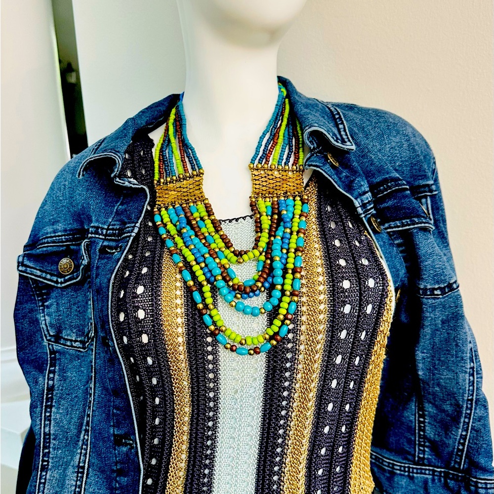 Necklace, eight strand bib, beaded necklace, gold tone, rhinestones